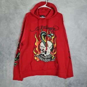 Ed Hardy Hoodie Mens XL Red Skull Snake Dragon Flames Graphic Sweatshirt